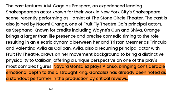 Highlighted passage naming Nayara González in the BroadwayWorld article